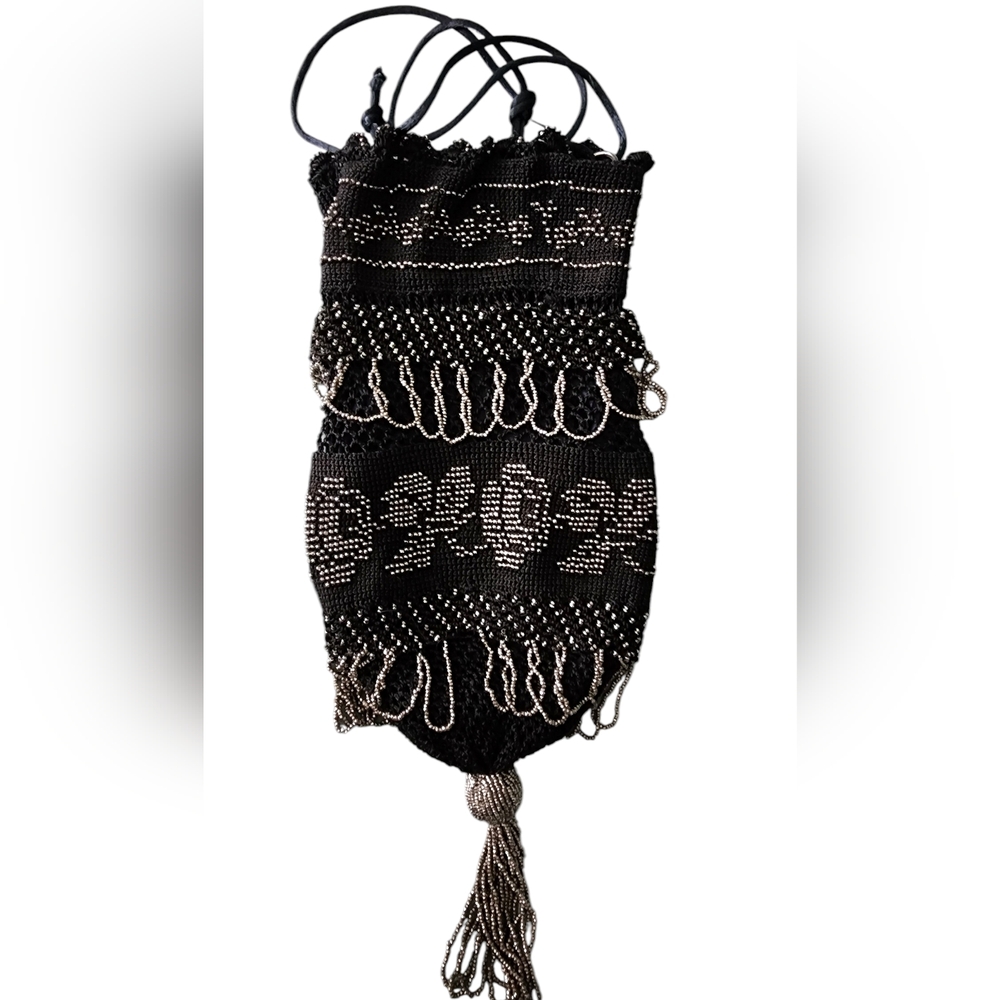 Antique Steel Beaded and Crocheted Black Bag